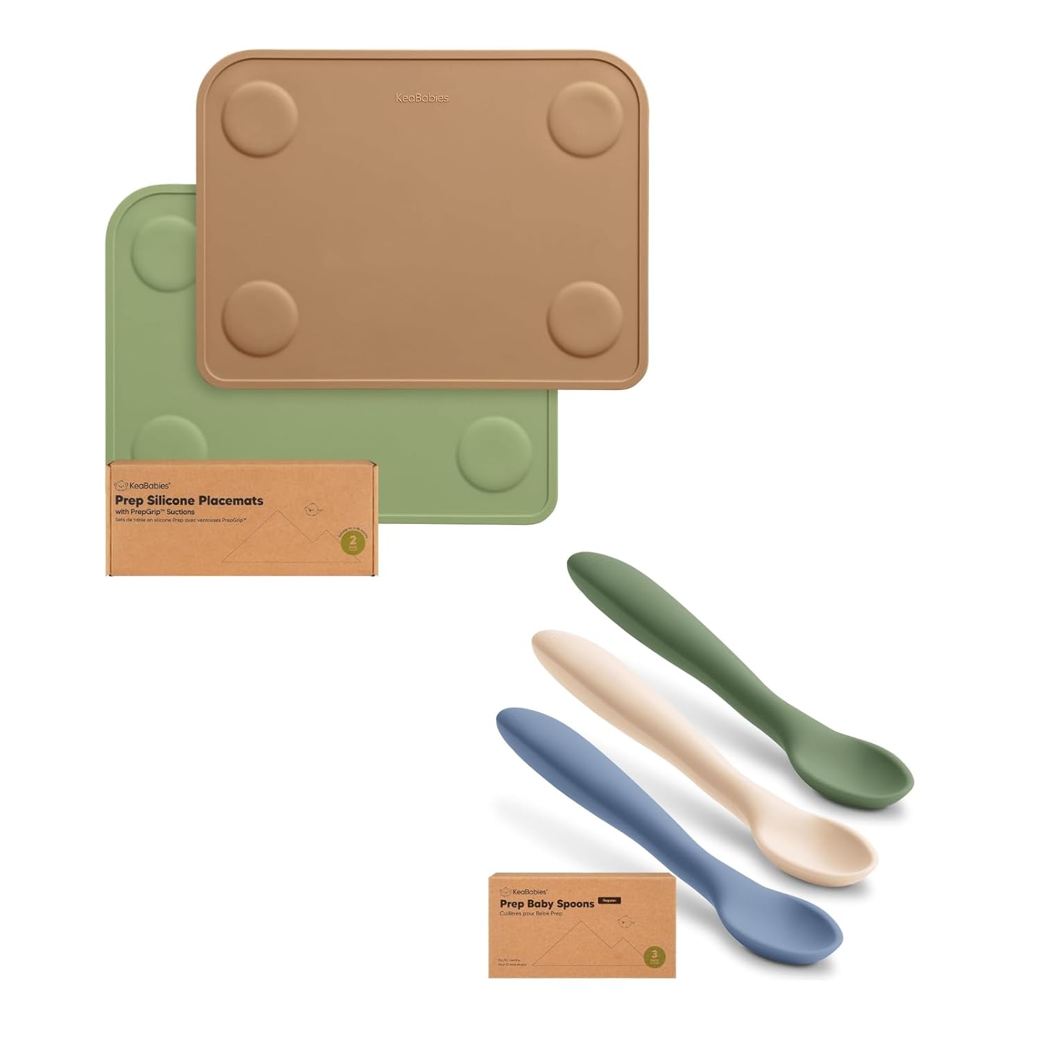 Keababies 2-Pack Silicone Placemats for Toddlers and 3-Pack Silicone Baby Spoons - Non Slip Placemat for Kids, Easy-to-Clean Baby Mat - Toddler First Food Training Spoon, Self Feeding 6-12 Months