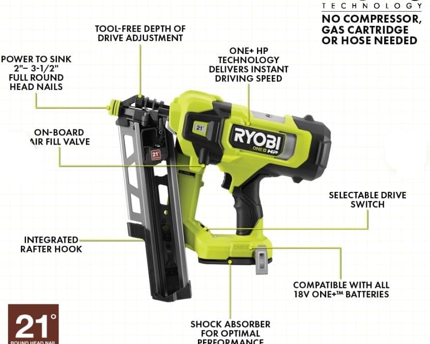 18V ONE+ HP BRUSHLESS AIRSTRIKE 21° FRAMING NAILER KIT RYOBI