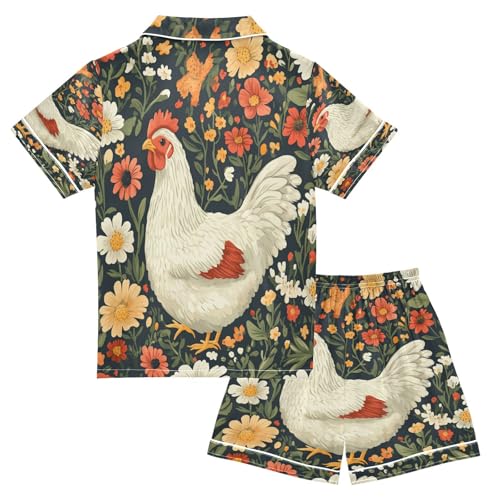 Satin Pajama Sets Short Sleeve Floral Cute Hen Pattern Button Down Silky Nightwear 2 Piece PJS 5-14Y2