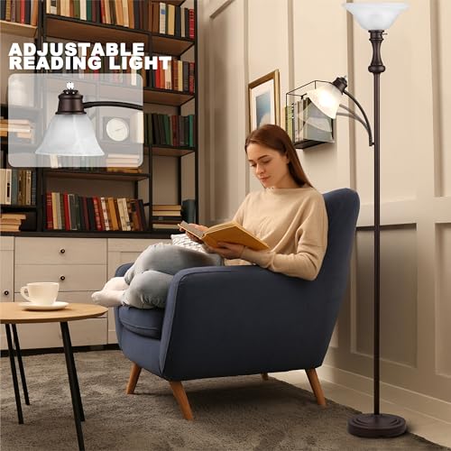 Image of Torchiere Floor Lamp, Adjustable Angle Reading Lamp-Red Brown 71IN | Standing Lamp for Bedroom with Glass Shade, Tall Floor Lamp for Living Room Decor, Office, Corner, Knob Switch, Bulb Included