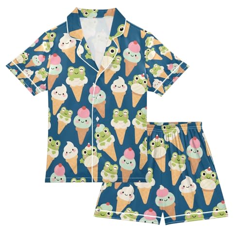 senya Ice Cream Frog Satin Summer Pajama Sets Silk Short Sleeve Button Down Sleepwear