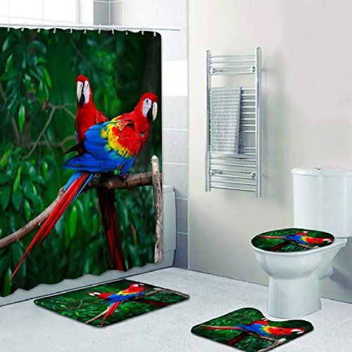 Duschvorhang Roter Papagei Grün Badezimmerteppich 4-Teiliges Set, Duschvorhang 180x180 Polyester+Badematte rutschfeste…