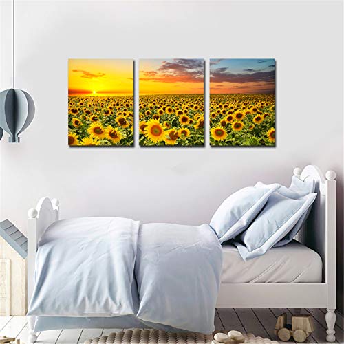 Sunflowers Painting Wall Art Canvas - Sunshine 3 Panles Framed Pictures Florals Giclee Prints Modern Home Decor Sunset Landscape Artwork Yellow Flowers For Living Room Kitchen Ready To Hang 12X16Inch #TOP2