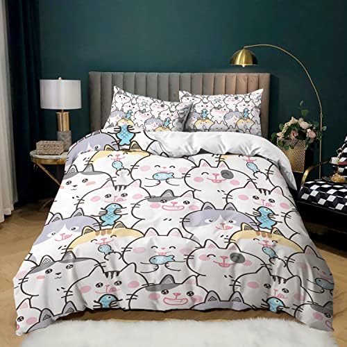 CVHOUSE Kawaii Bedding Twin Size,Kawaii Cat Bedding Set for Girls Kids Teens,Cute Cat Comforter Set Cover Soft,1 Duvet Cover 2 Pillowcases 3 Piece,Girl's Bedroom Kawaii Decor