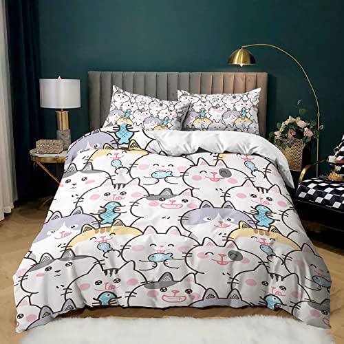 Cvhouse Kawaii Bedding Twin Size,Kawaii Cat Bedding Set For Girls Kids Teens,Cute Cat Comforter Set Cover Soft,1 Duvet Cover 2 Pillowcases 3 Piece,Girl's Bedroom Kawaii Decor #TOP12