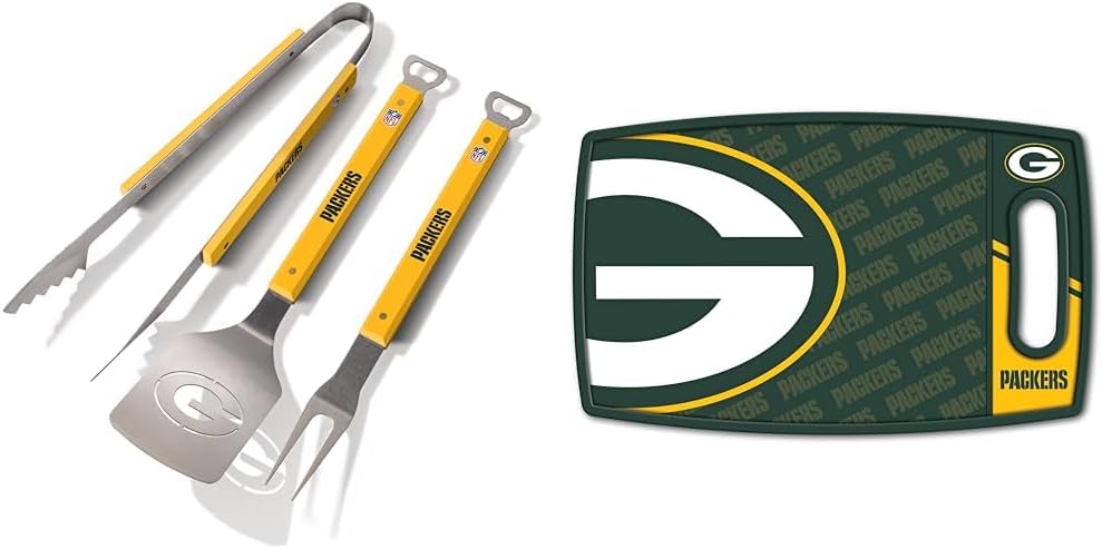 YouTheFan NFL Green Bay Packers Spirit Series 3-Piece BBQ Set, Stainless Steel, 22" x 9" & NFL Green Bay Packers Logo Series Cutting Board