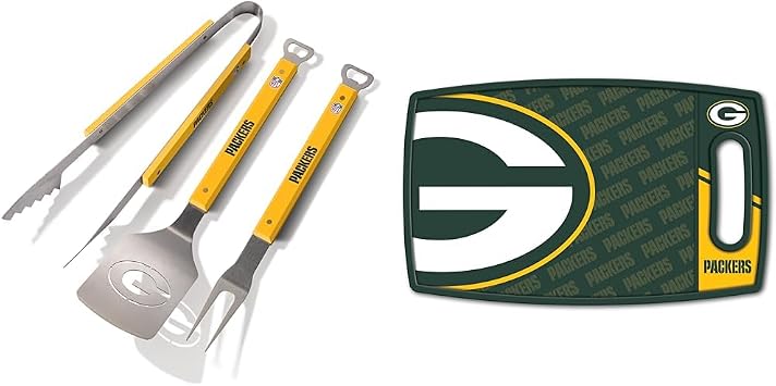 YouTheFan NFL Green Bay Packers Spirit Series 3-Piece BBQ Set, Stainless Steel, 22" x 9" & NFL Green Bay Packers Logo Series Cutting Board