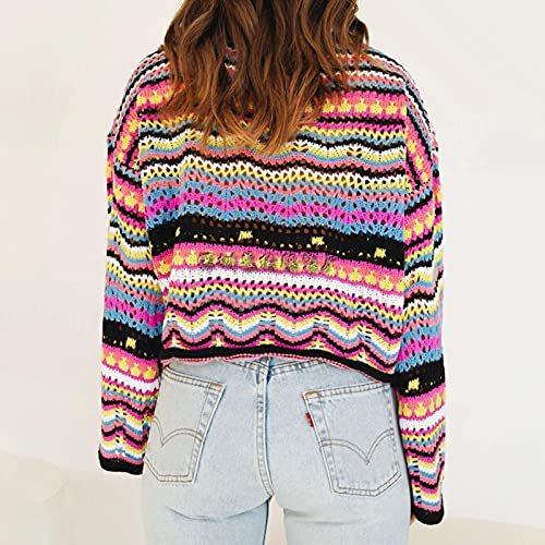 Tengan Pulôver solto, suéteres listrados de cores contrastantes, manga comprida casual para o invern