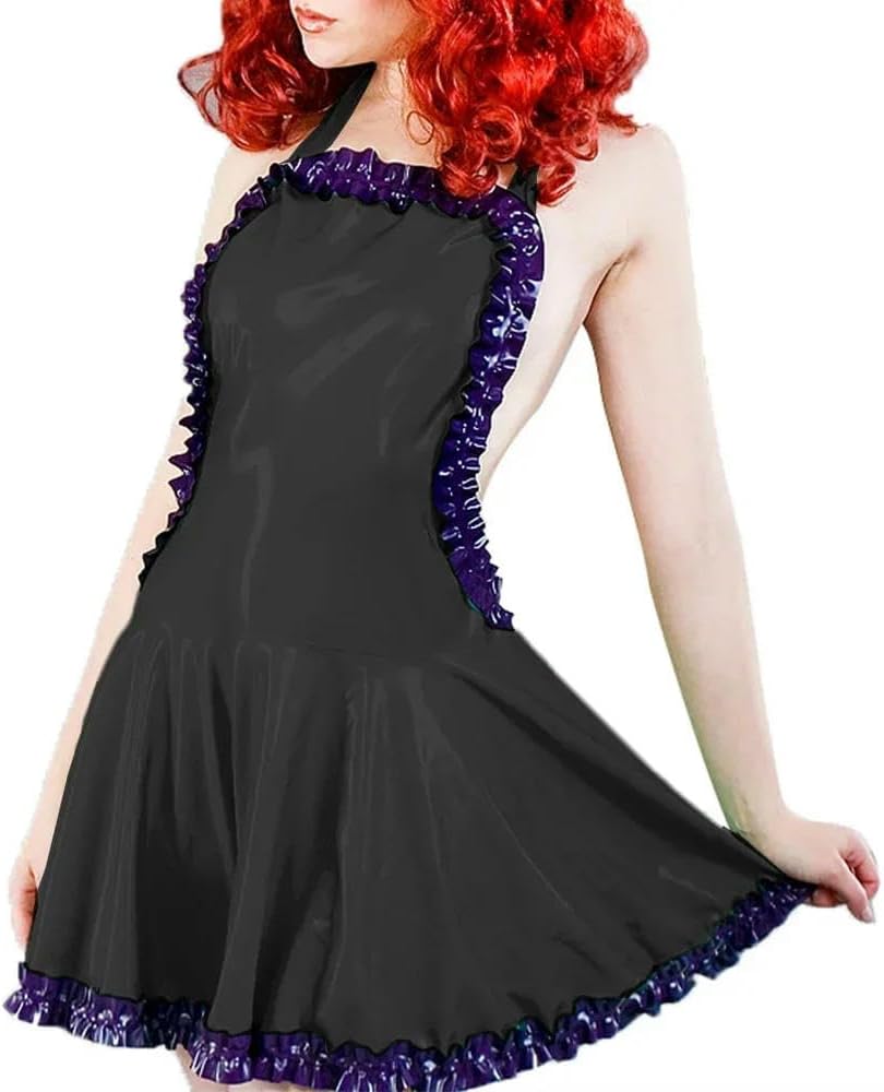 Exotic Maid Apron Sleeveless Backless French Halter Dress Glossy PVC Black Lace Trim Female Cosplay