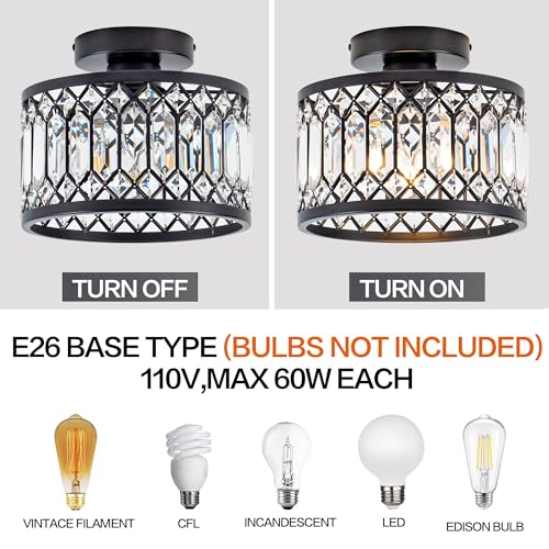 Rpzloila Crystal Ceiling Light Fixture, Modern Semi Flush Mount Ceiling Light,Crystal Chandelier for Kitchen Bedroom Bathroom Entryway Black (Bulb not Included) - Image 4