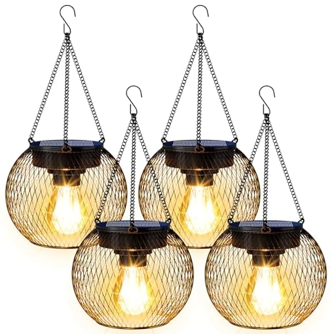 Solar Lanterns Outdoor Waterproof 4 Pack, Upgraded Metal Solar Hanging Lights with Hooks & Auto On/Off, Brighter Warm Outdoor Hanging Lantern Lighting for Porch Garden Yard Pathway Decor