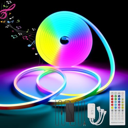 FWoche Striscia LED neon RGB 5M 12V, IP65, impermeabile, con app Bluetooth e telecomando, musica sync, flessibile, in silicone, Magic Color per esterni, soggiorno, camera da letto, parete