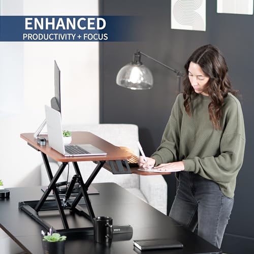Image of VIVO 42 inch Desk Converter, K Series, Height Adjustable Sit to Stand Riser, Dual Monitor and Laptop Workstation with Wide Keyboard Tray, Dark Walnut Top, Black Frame, DESK-V042KA
