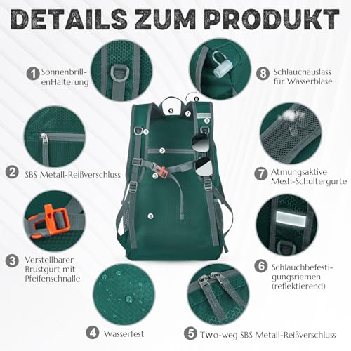 BECOJADDE Wanderrucksack Herren Damen 40L Ultraleichter Faltbarer Rucksack Wasserdichter Reiserucksack Trekkingrucksack mit Nassfach für Wandern, Reisen, Radfahren und Klettern, Grün