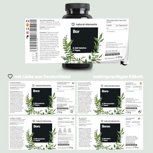 natural elements Reines Bor – hochdosierte 3 mg Boron pro Tablette – 365 Tabletten – vegan, natürlich, laborgeprüft & in Deutschland produziert