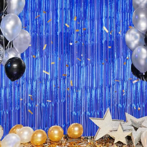 Image of DECOCKRAT 3 Pack Foil Fringe Backdrop - Royal Blue Shiny Tinsel Curtains for Party Decoration /Photo Booth Props - 3.3x8.2 FT Metallic Foil Backdrop for Birthday, Wedding, Graduation, Christmas.