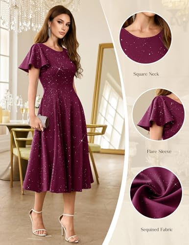 HomRain Plus Size Burgundy Sequin Dress Formal Wedding Guest Cocktail Evening Gowns Mother of The Bride A-Line Flare Sleeve Dress for Women 2XL — view 4