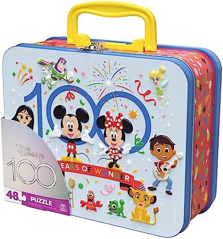 Disney 100 Anniversary, 48-Piece Jigsaw Puzzle in Metal Tin Handle Lunch Box, Puzzles for Kids Ages 4-8, Disney Toys for Adults & Kids Ages 4 and up 6 51P4i kIryL. AC