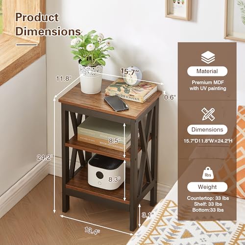 Image of VECELO Modern End Side Tables, Nightstand with 3-Layer Storage Shelf for Small Spaces, Living Room, Bedroom, Farmhouse Easy Assembly, BrowniE†2 Setsia€