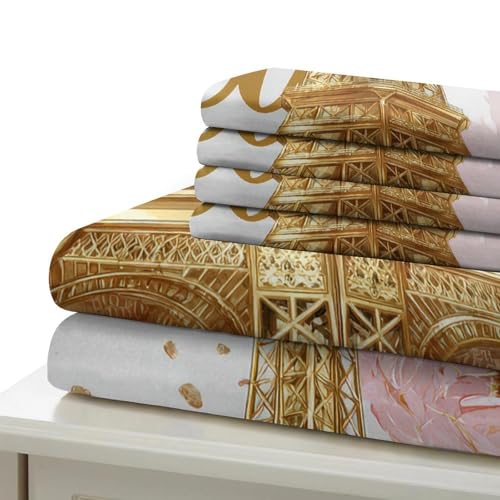 Parure de lit microfibre 140x200 Tour Eiffel or et florale - 7