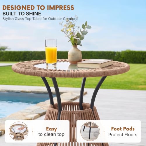 Image of DEVOKO Bliss 3 Piece Outdoor Patio Rope Conversation Set with Glass Top Table (Beige /Cream), Powder-Coated Metal Frame & Water-Resistant Cushions for Balcony, Garden, Terrace