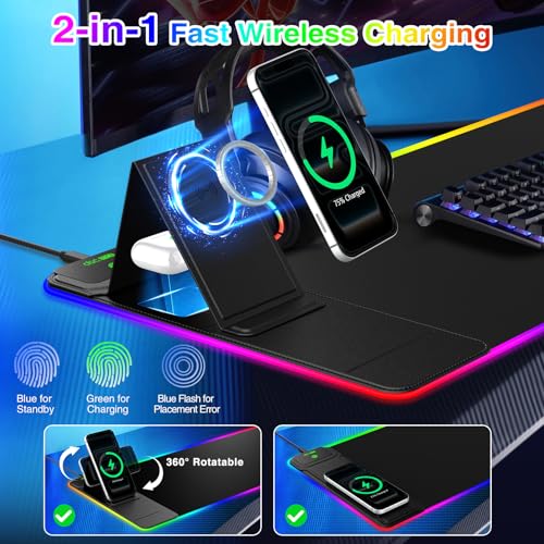 Image of RGB Gaming Mouse Pad with Magnetic Wireless Charging & Foldable Phone Stand | 31.5 inchx11.8 inch XL Extended Mousepad with Stitched Edges, Ultra-Smooth Waterproof Surface, 25 Lighting Effects, Non-Slip Base