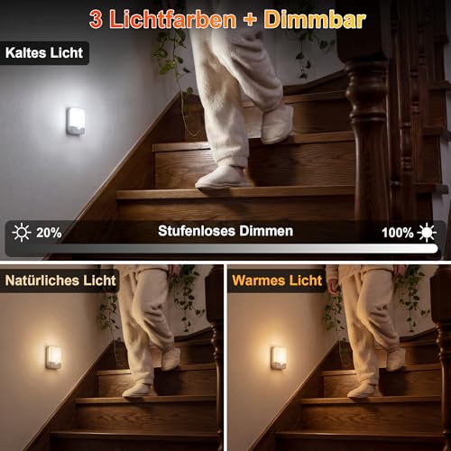 daphomeu 6 Stück Wiederaufladbare Nachtlichter mit Bewegungsmelder, 3 Lichtfarben + Dimmbar, Kabellose LED Treppenlichter für Schlafzimmer… – Ansicht 4