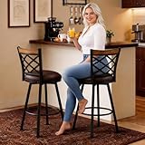 MIITODAY Farmhouse Swivel Bar Chairs Set of 2, 2-in-1 Adjustable 25"-30" Seat Height, Swivel Bar Stools with Backs, Brown Faux Leather- Industrial Metal & Vintage Rustic Wood for Kitchen Island, Pub