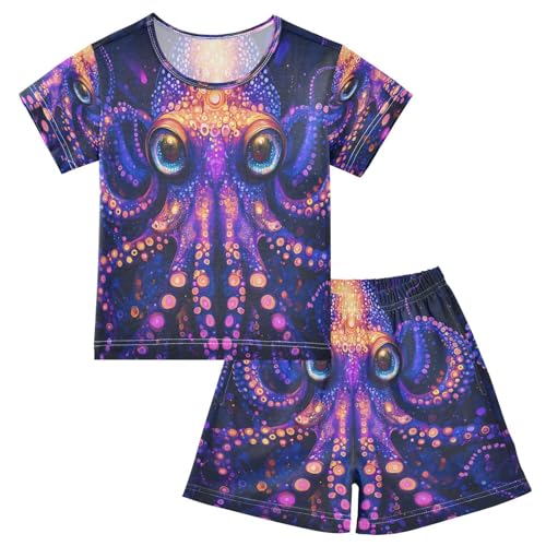 ALAZA Octopus Magic Kraken Pajamas Set Short Sleeve Cotton Sleepwear Summer Pjs 2 Piece 5-14Y