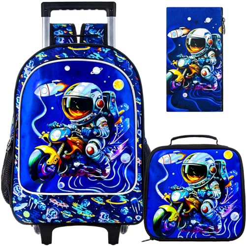 3PCS Astronaut Rolling Backpack for Boys, Kids School Backpacks with Wheels, Water Resistant UV Printed Roller Wheeled Bookbag Set with Lunch Box