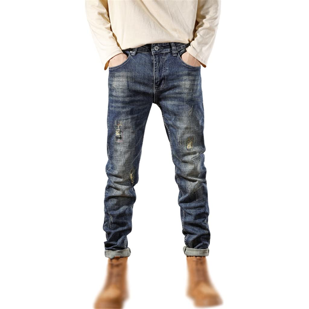 Biker Jeans Men Dark Stretch Distressed Slim Straight Spring Autumn Patchwork Hip Streetwear Ripped