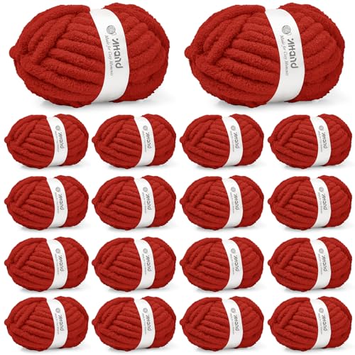 Image of Inhand Classic Red Chunky Chenille Yarn for Hand Knitting,Thick Bulky Mom Blanket Yarn for Crocheting,Soft Fluffy Yarn for Mother's Day Gifts and Crafts for Women /Grandma,18 Pack (29.5Yds /8.4oz Each)