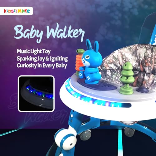Image of Kidsmate 360 Baby Walker for Boys & Girls | 6-24 Months | 7-Level Height Adjustment | Musical RGB Lights | Dual Tray for Food & Toys | Safe, BPA-Free & Comfortable Baby Walker (Radiant Blue)
