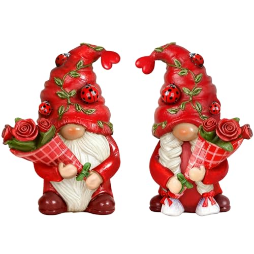 Eousera Red Roses Gnome Figurines - Indoor Home Office Spring Decor Romantic Summer Gnomes Gifts for Women Resin Ladybug Dwarf for Desk Shelf Decorations