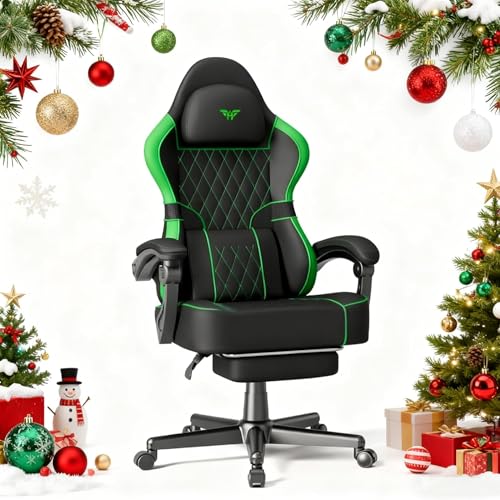 Soontrans Silla Gaming con Cojín Lumbar Masajeador, Silla Gamer con Reposacabezas, Reposapiés, Cadeira Gaming, Cuero sintético, Sillas Gaming Altura Ajustable para Juegos, 136kg (Negro&Verdoso)