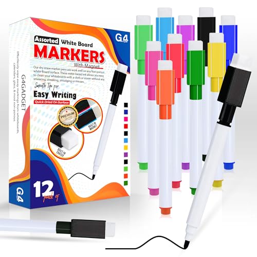 G4GADGET 12pcs Colourful Whiteboard Markers with Magnet & Eraser | Dry Wipe White Board Pens | Fine Tip Low Odor Non-Toxic Erasable Markers for Kids Office Classroom & Home Use