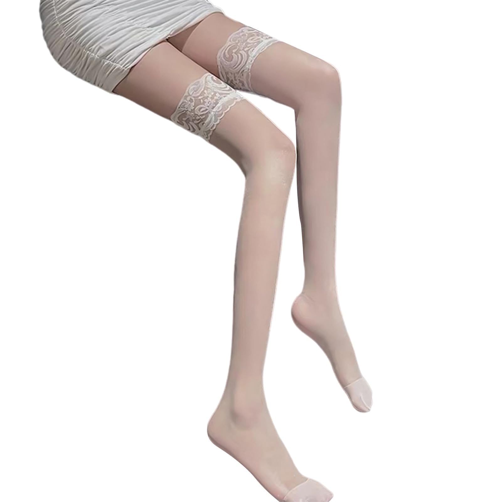 Alloneslife Women's White Lace Silicone Socks, Lace Top Thigh High Stockings Antiskid Silicone Lace Stockings Silk Stockings Tights Over The Knee Socks(White Lace Silicone)