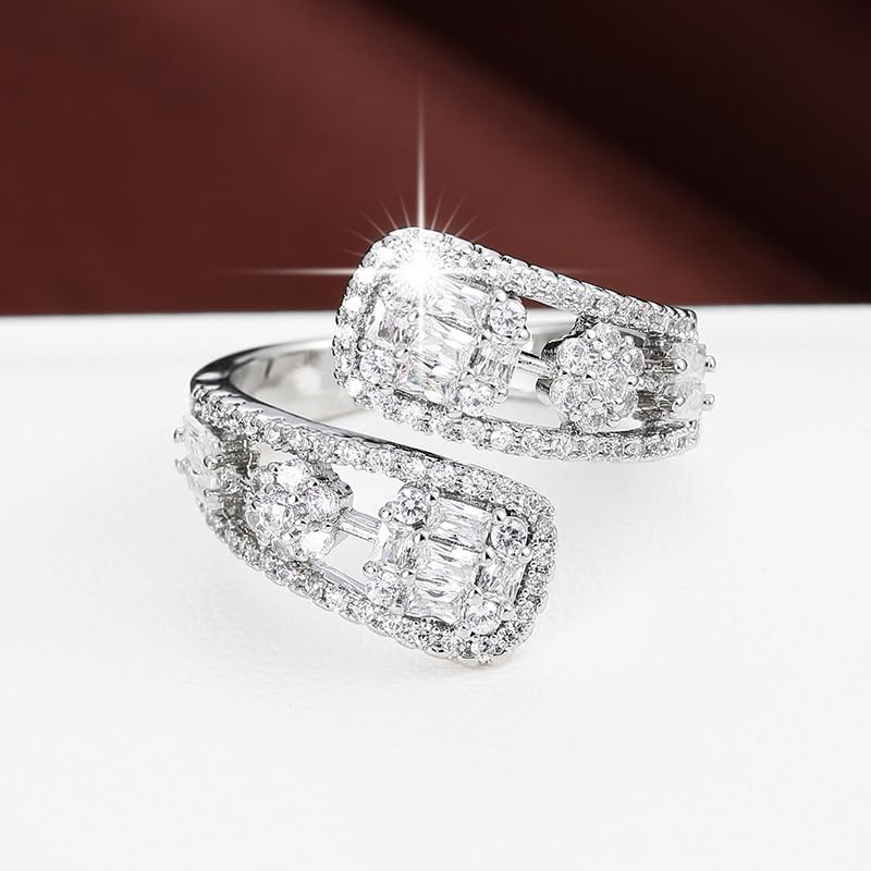 Women's CZ Pave Open Claw Ring Ajustable Spoon Wrap Bands Ring,Cuff Stacking Promise Wedding Engagement Ring Jewelry Gift (Silver) - Image 3