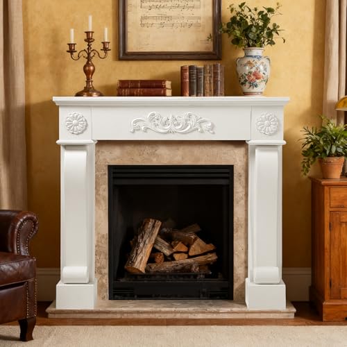Image of HOMEDIARY Fireplace Mantel Surround, Modern White Fireplace Mantel Frames with Legs for Living Room, Premium MDF with Solid Wood, Decorative Fireplace Surround for Holidays, Anti-Tipping & Waterproof