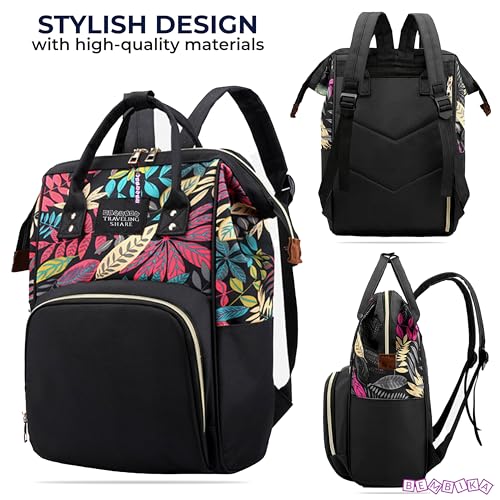 Image of BEMBIKA Diaper Bags for Mom and Dad, Diaper Bags for mom and Baby, Mummy Bag for Multi-Function Waterproof and Large Capacity Printed Leaf Design