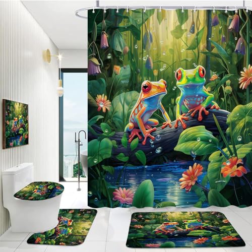 Zzysks 4Pcs Tropical Forest Frog Shower Curtain Set Cute Animals Green Leaves Jungle Flowers Plant Spring Theme Bathroom Toilet Lid Cover Non-Slip Rugs 12 Hooks cover