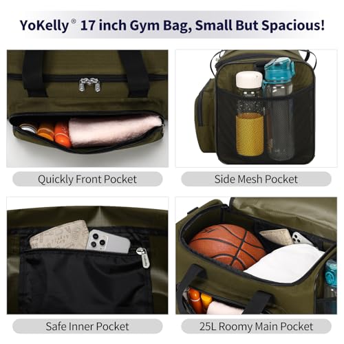 Image of 25L Small Gym Sport Duffle Bag, 17 inch, Olive Green | Multi Pockets, Sturdy, For Gym, Sport, Weekender Travel, Workout, Training
