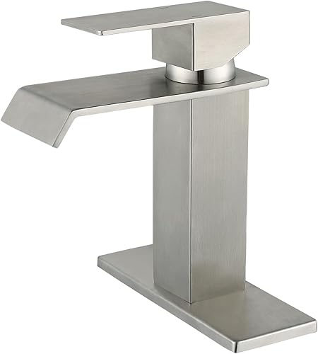 Grifo de baño con cascada, grifo de lavabo de níquel cepillado de una sola manija con placa de cubierta para 1 o 3 agujeros