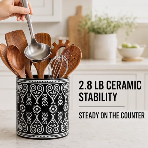 Image of 7-Inch Heavy Ceramic Utensil Holder for Kitchen Counter, Black | 6-Inch Diameter, Extra Large Crock with White Boho Pattern for Rustic Kitchen Decor