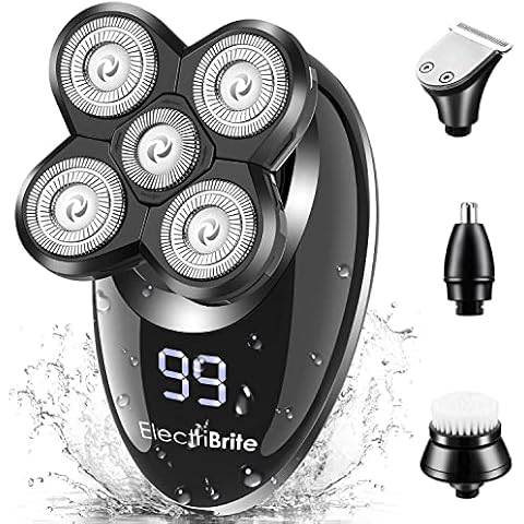 Electric Razor for Men, ElectriBrite Bald Head Shaver Rotary Cordless Nose Hair Beard Trimmer Clippers Facial Cleansing Brush Waterproof USB Rechargeable Men Grooming Kit with 5D Floating 5 Razor Head Cover