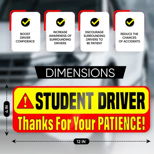 Student Driver Car Magnet Sticker Signs - Essential Magnetic New Driver Sign For Bumper - 3 Pack, 12 By 4" - Remind Others To Please Be Patient - Bright & Reflective Road Safety Sign For Rookies #TOP5