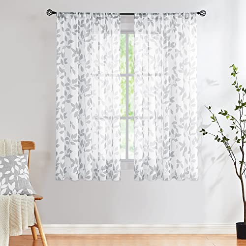 Image of White Grey Leaf Sheer Curtains for Bedroom 63 inch Semi-Sheer Print Leaves Pattern Curtains for Living Room Rustic Linen Textured Window Draperies for Parlor Apartment Dorm Rod Pocket Set of 2