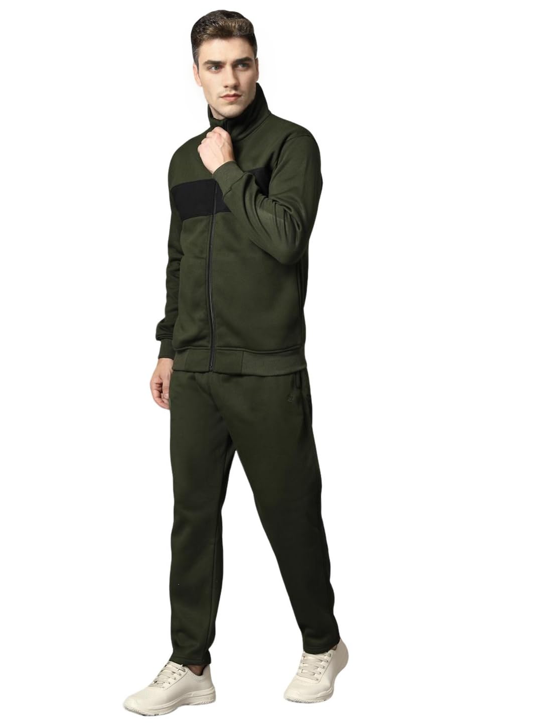 chkokko Mens High Neck Winter Tracksuit Full Zip Jacket with Elastic Waist Lower Warm and Soft Activewear Set for Gym Running and Casual Use Olive Black 5XL-picture-48