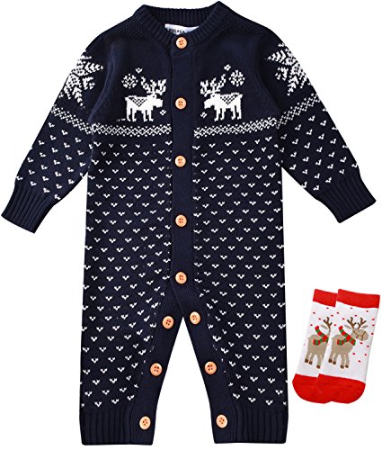 ZOEREA Newborn Baby Romper Christmas Clothes Knitted Sweaters Reindeer Outfit (8-14 Months, Navy 3)