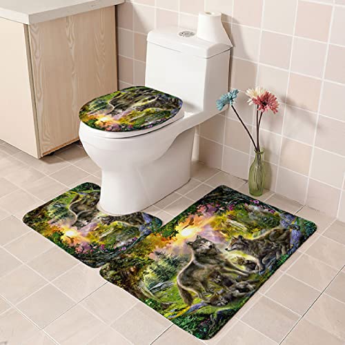Badezimmer Teppich Set Weich Waschbar Badezimmerteppich 3 TLG rutschfeste Badeteppich WC Vorleger Deckelbezug U-förmige Konturmatte Memory Schaum Badezimmermatte ( Holztier Wolf )